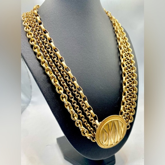 Vintage Donna Karan DKNY Signed Multi Strand Logo Medallion Collar Necklace - Picture 4 of 8